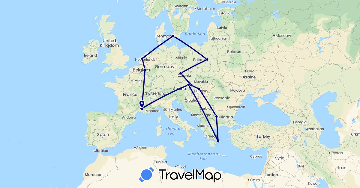 TravelMap itinerary: driving in Austria, Belgium, Bulgaria, Czech Republic, Denmark, France, Greece, Hungary, Netherlands, Poland, Slovakia (Europe)